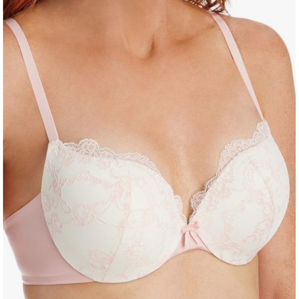 Maidenform Bra Push-Up Plunge 34C Pink Cream Lace Coquette Romantic Balletcore